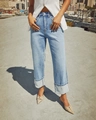 Street style shot of light blue high-waisted straight leg jeans with oversized folded cuffs - S / Light Blue