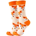 Beige crew socks with orange cartoon fox pattern and contrasting heel and toe - Size 35-42 / Khaki Fox