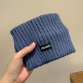 Winter plush bear ear bucket hat in dusty blue knit fabric with GRANK logo label - Knitted Headband - Blue