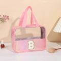 Borsa trucco olografica rosa con finestra trasparente e toppa B di paillettes - Lettera B / Pesca