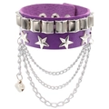 Detail view of purple PU leather punk bracelet with square studs and layered metal chains - Purple Chain