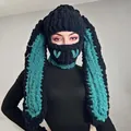 Handmade bunny ear balaclava in black and blue with metal ring accents for winter - Black Green Ears