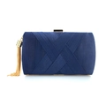 Macro shot of dark blue evening clutch with ribbed texture and golden fringe tassel - Navy Blue