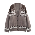 Cardigan vintage in maglia jacquard con scollo a V e motivo geometrico marrone - S / Come mostrato