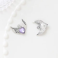 Silver angel wing pendants with purple heart-shaped stones for DIY jewelry making - 15# Angel Wings-Purple Zircon
