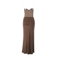 Brown evening dress with sequin bodice and long flowing skirt, studio back view - XS / Khaki