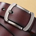 Men's casual leather belt with dark reddish brown strap and rectangular brushed metal buckle - Brown / 105cm