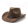 Classic dark brown wide-brim cowboy hat with faux suede finish and leather belt strap - M (56-59cm) / Brown