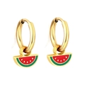 Minimalist stainless steel hoop earrings with cute red watermelon slice pendants - Silver Watermelon