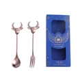 Rose gold stainless steel spoon and fork gift set with cartoon bull head handle design - Rose Gold Spoon Fork Set + Blue Box