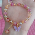 Pink marble texture beaded bracelet with purple butterfly charm and golden spacers - Purple & Yellow
