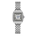 Close-up of square silver quartz watch with diamond bezel and blue sapphire crown detail - Silver With Rhinestones