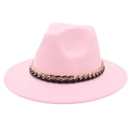 Detail of pink fedora hat featuring a decorative gold chain and black braided band - M (56-58cm) / Pink (Black Chain Decor)