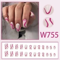 Minimalist white press-on nails with pink wavy lines in medium-long square-oval shape - W755 Glue Style