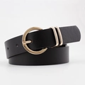 Cinturón clásico de cuero negro con hebilla redonda dorada y anillos de metal dobles - 106cm / Negro