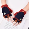 Kids knitted flap gloves in red and navy blue with cute robot patch on open book - 5-14 Years / Robot Brick Red