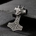 Retro Viking wolf head Thor's Hammer pendant in vintage silver stainless steel finish - 57*37mm Wolf Head Mjolnir (KP53893-BD) / Antique Silver