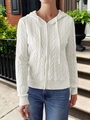 Women's casual white cable knit hoodie featuring a zip-up front and drawstring hood - S / White