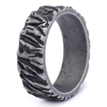 Macro view of wide silver ring band featuring rugged industrial tire tread texture - Rock Notch Style (14106)