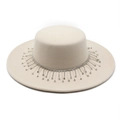 Classic beige felt boater hat featuring elegant rhinestone fringe tassels on a wide brim - M(56-58cm) / Beige