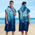 Blue manta ray hooded beach poncho robe in quick-dry microfiber with front zipper - Sleeveless Zipper Style - Stingray