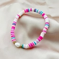 Colorful heishi clay bead bracelet with baroque pearl on smooth champagne satin fabric - Colorful