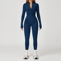 Mono de yoga acanalado de manga larga azul oscuro con cuello de cremallera y ajuste ceñido - S / Azul Insignia (Sin Almohadillas)