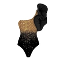 Detailed view of the one-shoulder swimsuit with black ruffles and gold sequin gradient - S / One Shoulder One Piece Swimsuit