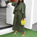 Olive green two-piece set with ruffle top and high-waist wide-leg pants for women - S / Green