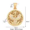 Detailed view of golden dove and cross charm with CZ stones and 18mm diameter specs - Cross Pigeon-Gold