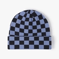 Damen Strickmütze mit Schachbrettmuster in Blau und Schwarz, Design mit Umschlagrand - Blau