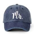 Washed navy denim baseball cap featuring white Mr. lettering and heart embroidery - One Size / Navy Blue