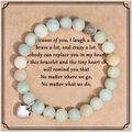 Natural stone beaded friendship bracelet with heart charm on Bestie gift card - Amazonite + Heart + Card
