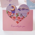 Pink heart-shaped 3D oil painting greeting card with floral moon design for festivals - Butterfly Loves Flower