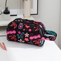 Large capacity floral makeup bag in black canvas with pink flowers and a sturdy handle - Western Style 2 (Digital Geometric)