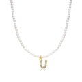 Faux pearl necklace with a gold-tone letter U pendant featuring white zircon inlay - Letter U