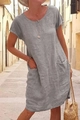 Grey cotton linen loose short sleeve midi dress with side pockets in a casual style - 3XL / Gray