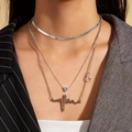 Silver multi-layer necklace set with flat snake chain and heart pulse pendants - 3-Layer Silver Heart & Heartbeat Ripple Pendant Set (White Gold & Bright Silver 957)