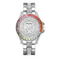 Detail of silver women's quartz watch with rainbow crystal bezel and diamond-set dial - Silver