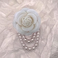 White camellia fabric brooch with light pink pearl pendants in French vintage style - With Pearl Tassel / Off White