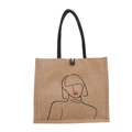 Linen tote bag with black rope handles and minimalist female portrait illustration - Pattern 10 Red Lips Face