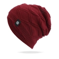 Detailed close-up of dark red knit beanie showing thick fleece lining and wave pattern - One Size / Burgundy