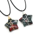 Star-shaped bloodstone pendant with handcrafted wire wrapping on black cord necklace - African Blood Stone