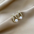French style gold pearl stud earring with zircon on elegant gold silk background - Gold Geometric Cross Pearl