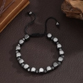 Minimalist black square and round beaded adjustable rope bracelet on leather background - ZJ14949-Black Metal Stone Square Round Bead Woven Bracelet