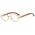 Retro round gold metal sunglasses with walnut wood temples and clear lenses - Regular / Gold Frame White Lens