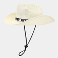 Detail of beige straw cowboy hat with studded leather band and adjustable chin strap - Ivory