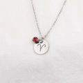 Detailed shot of silver Aries necklace featuring a zodiac disk and red birthstone charm - Aries Red Gemstone (Colors 1-7)
