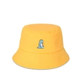 Stylish bright yellow wide-brim bucket hat featuring a cute blue dinosaur embroidery - One Size / Yellow