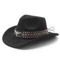 Classic black suede western cowboy hat with studded leather band and silver bull head emblem - M (56-58cm) / Black Faux Suede